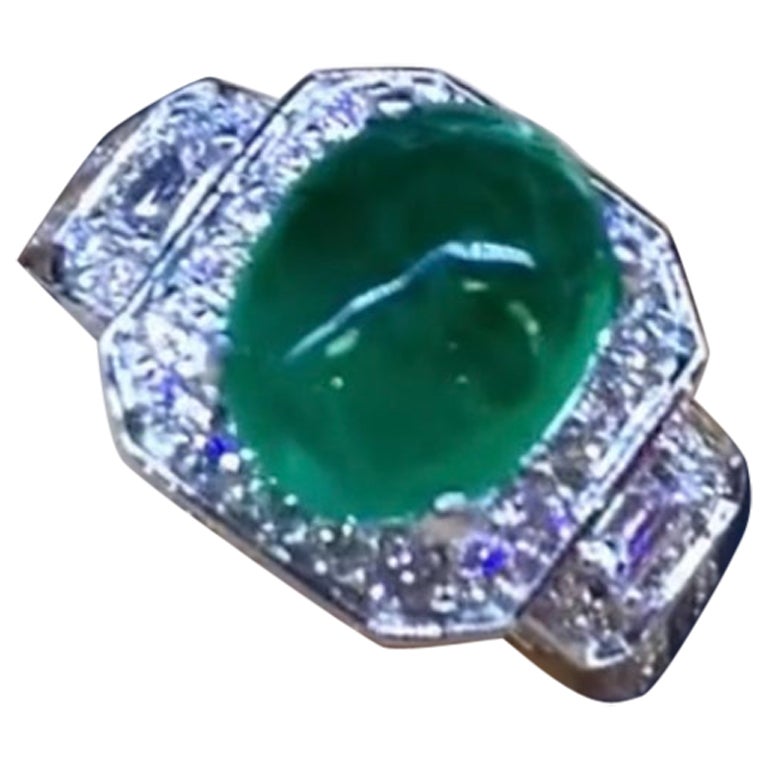 AIG Certified 4.70 Carat Zambia Emerald  1.10 Ct Diamonds 18K Gold Art Deco Ring