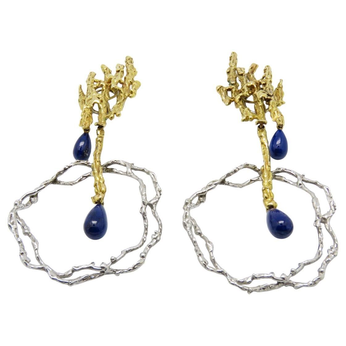 1970s Chaumet Lapis Lazuli Yellow and Grey Gold Ear Clips.