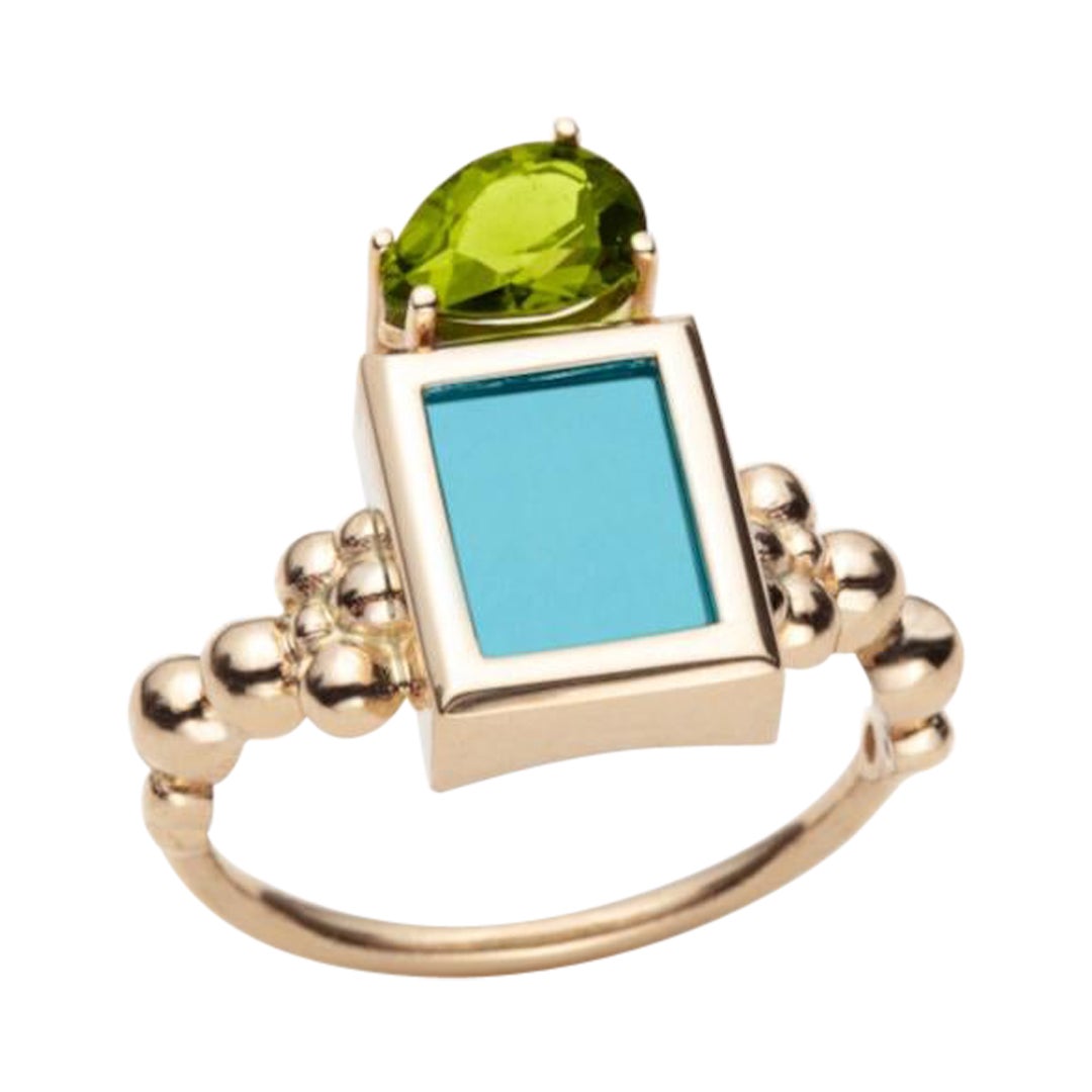 Turquoise and Peridot Ring in 14K yellow Gold, by SERAFINO For Sale