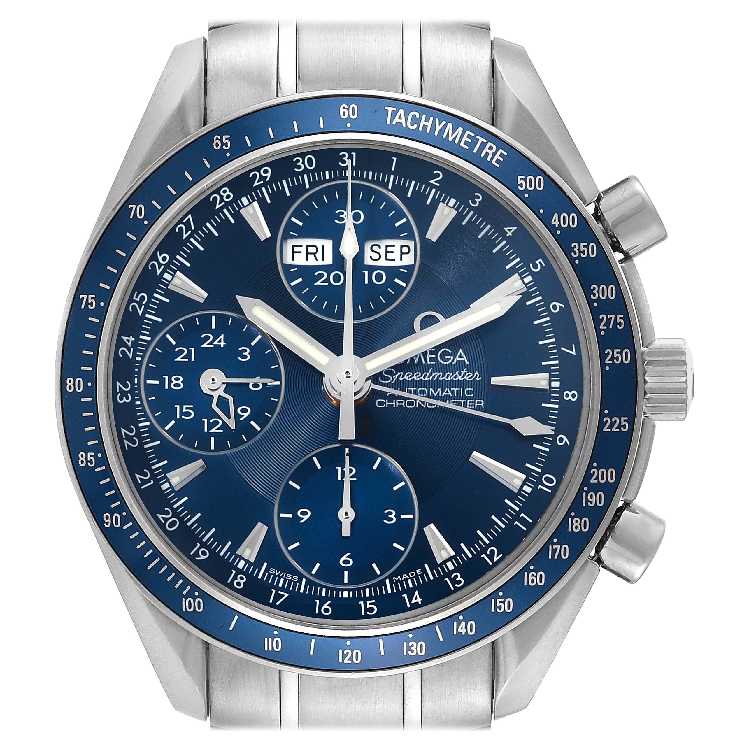 Omega Speedmaster Day Date Blue Dial Chronograph Steel Mens Watch