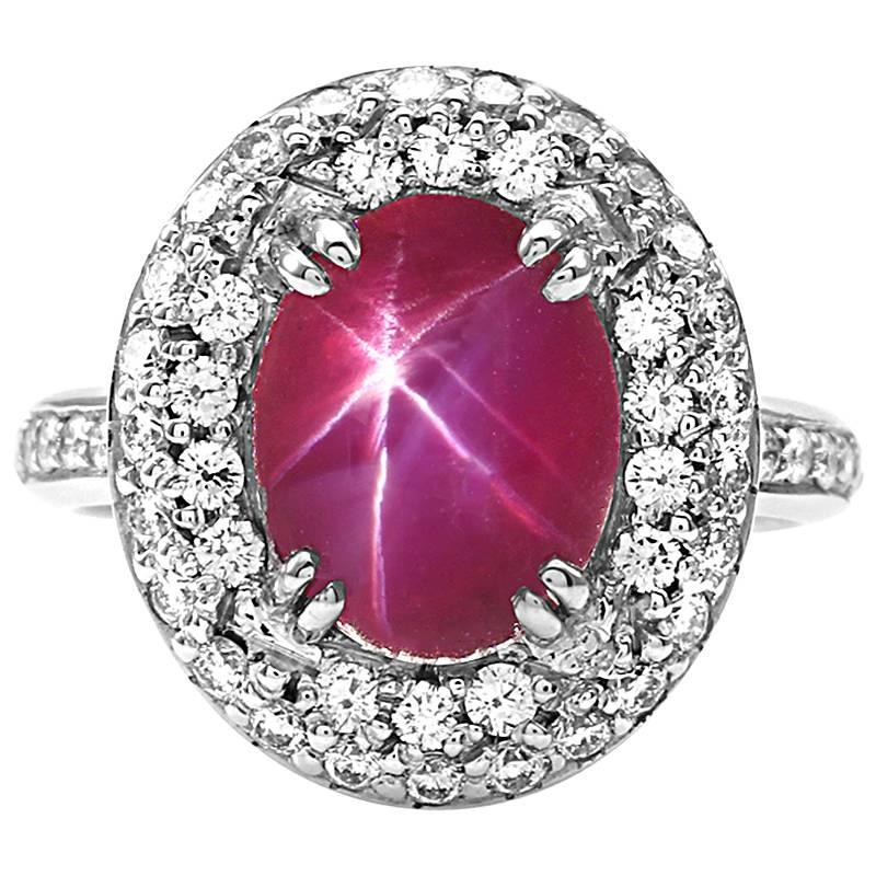 Star Ruby and Pavé Diamond Halo Ring For Sale