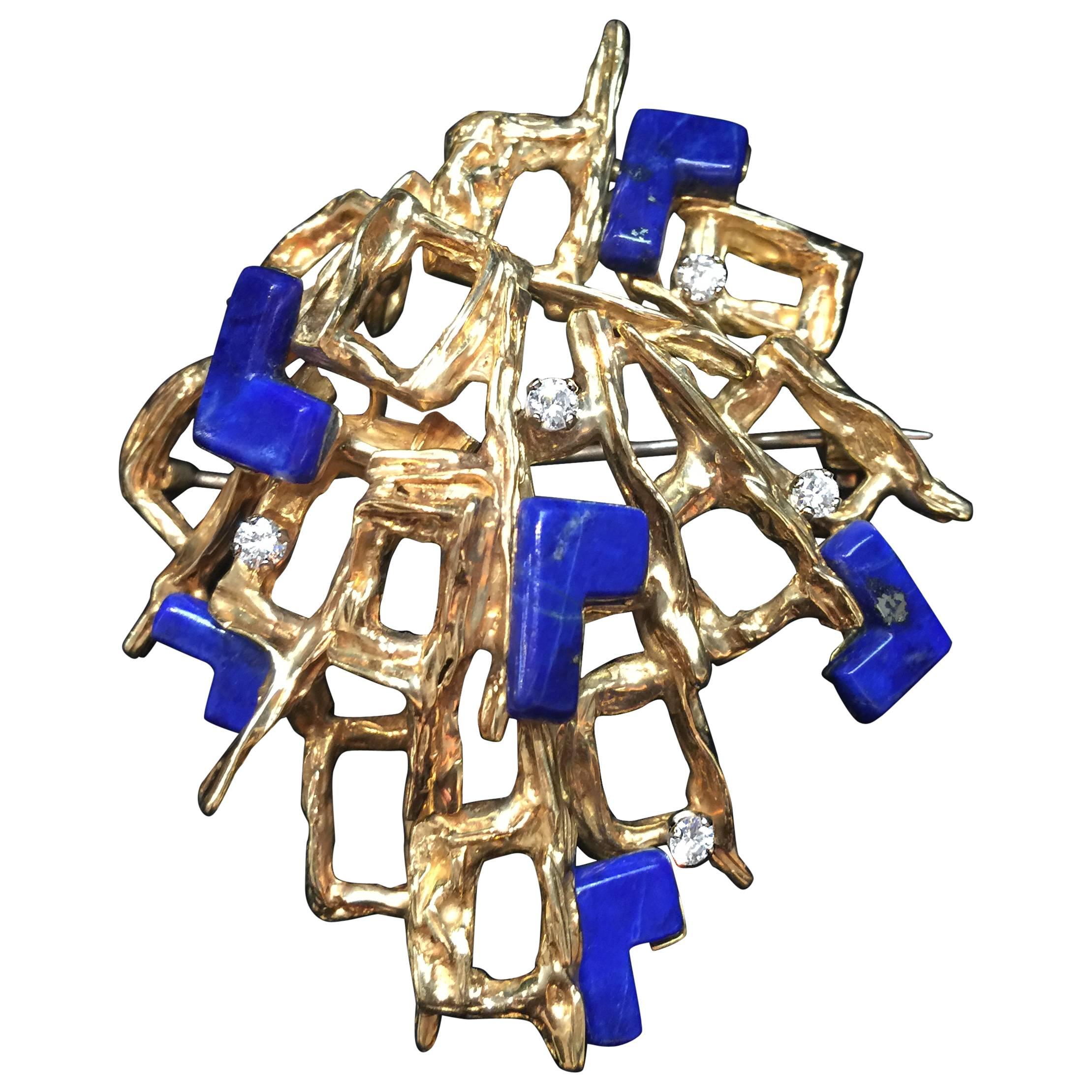 Kutchinsky Lapis-Diamant-Gold-Anhänger-Brosche im Angebot