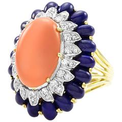 Henry Dunay Salmon Coral, Lapis, and Pavé Diamond Ballerina Ring 6