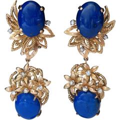 1960s Lapis diamond gold drop dangle earrings