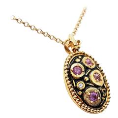  Gold Pink Sapphire Diamond  Black Enamel Pendant Necklace