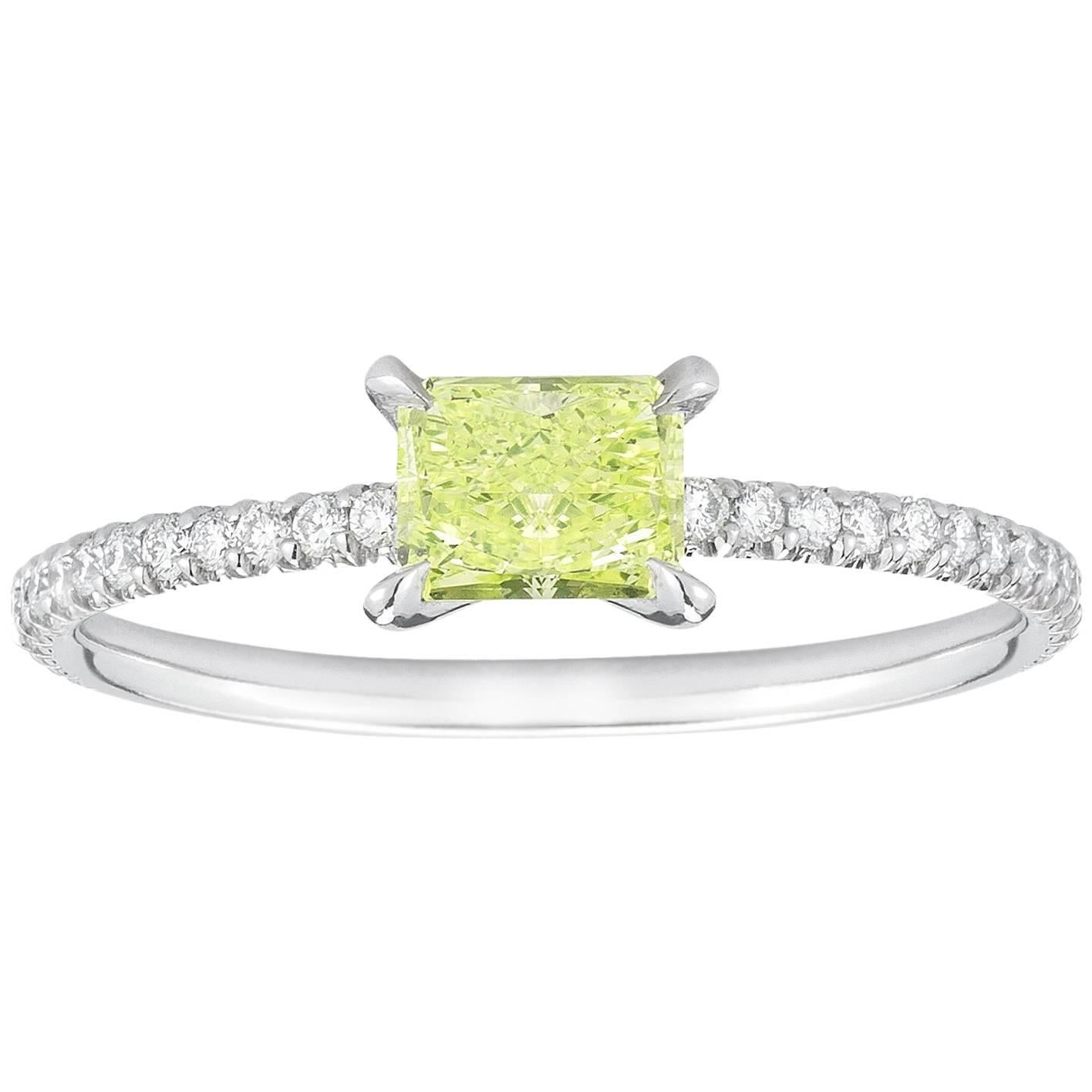 Marisa Perry Micro Pave Fancy Vivid Yellow Green Radiant Diamond Engagement Ring For Sale