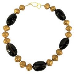 Custom-Made 19.5-Inch Smoky Quartz and Gold Czech Bead Necklace