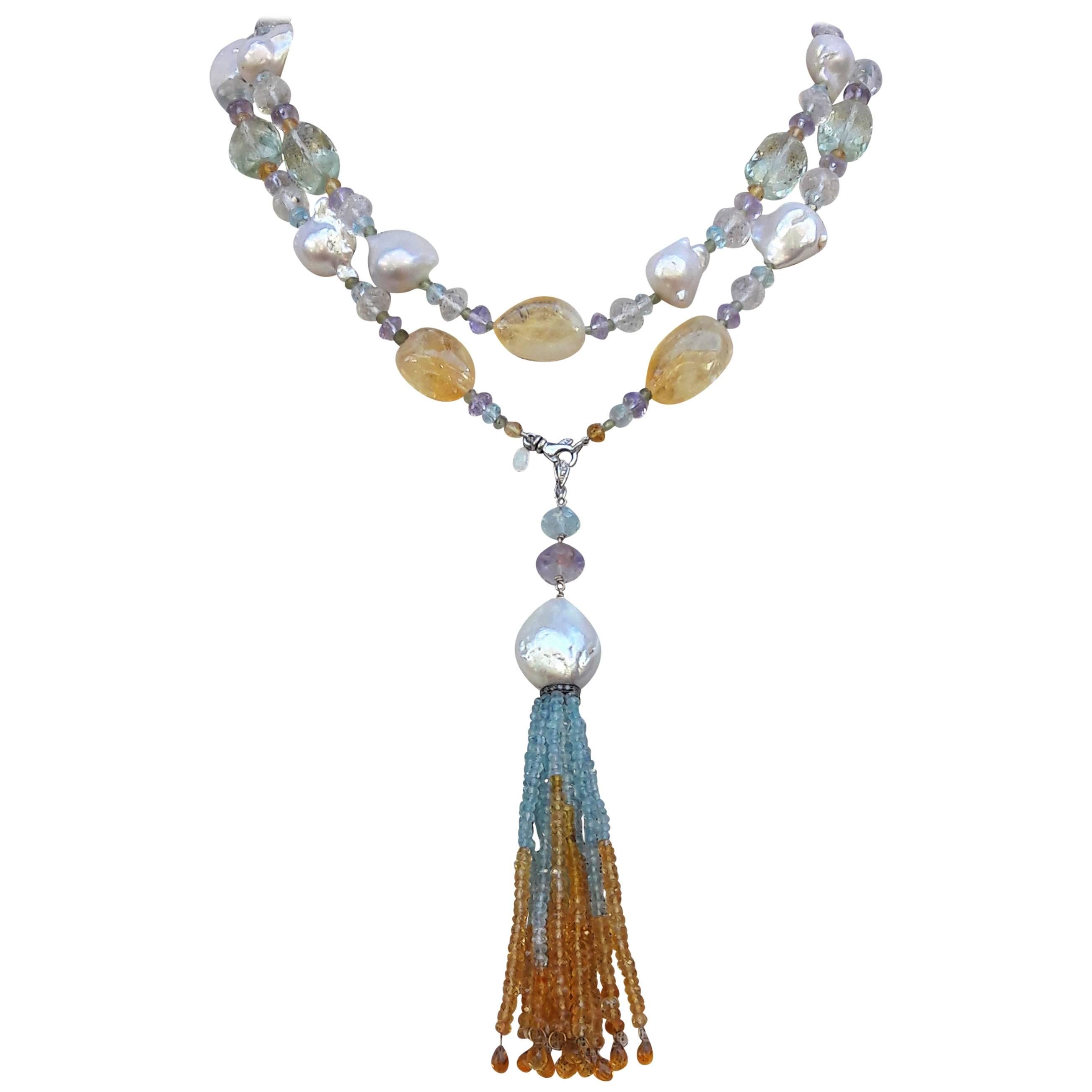 Multi-Gemstone Long Lariat Necklace 
