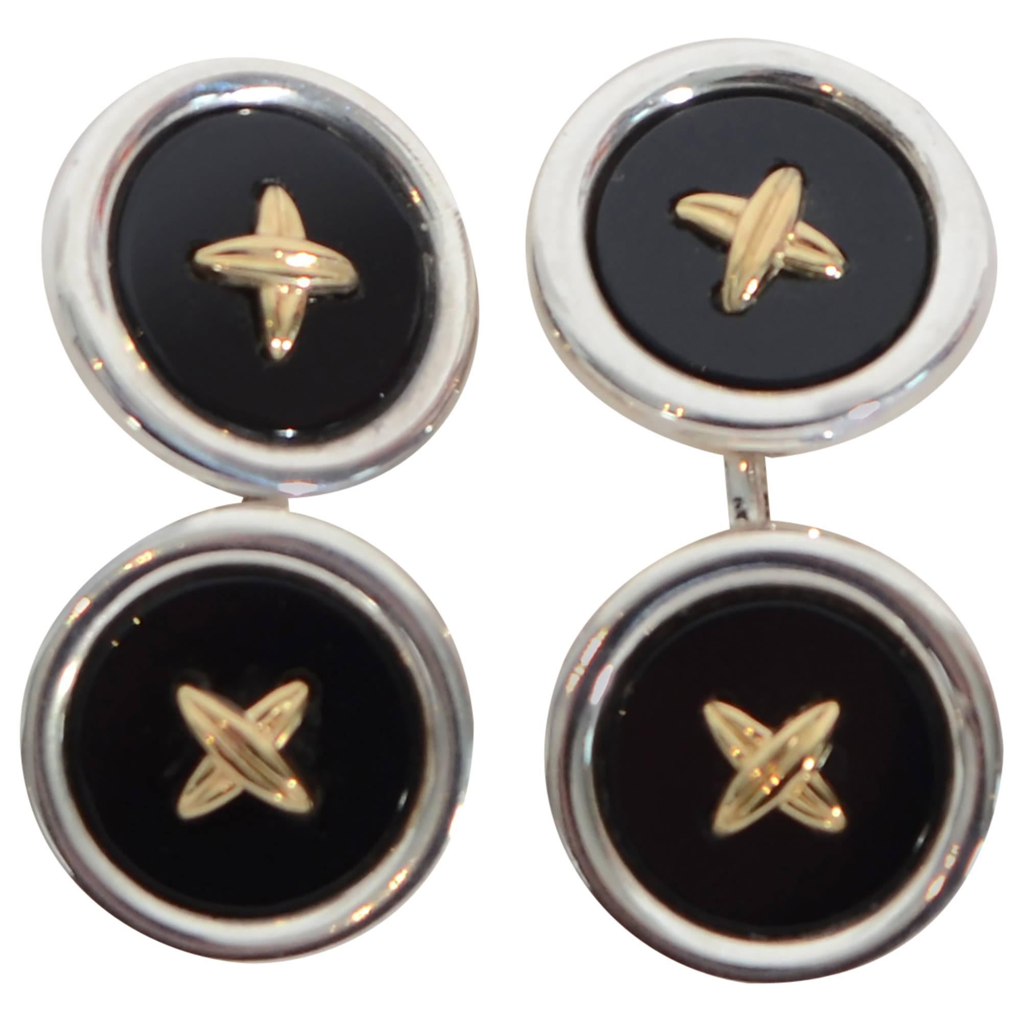 Tiffany Silver, Gold and Onyx Button Cufflinks