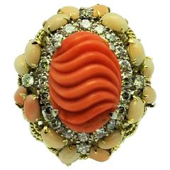 Salmon and Angelskin Coral Diamond Gold Ring