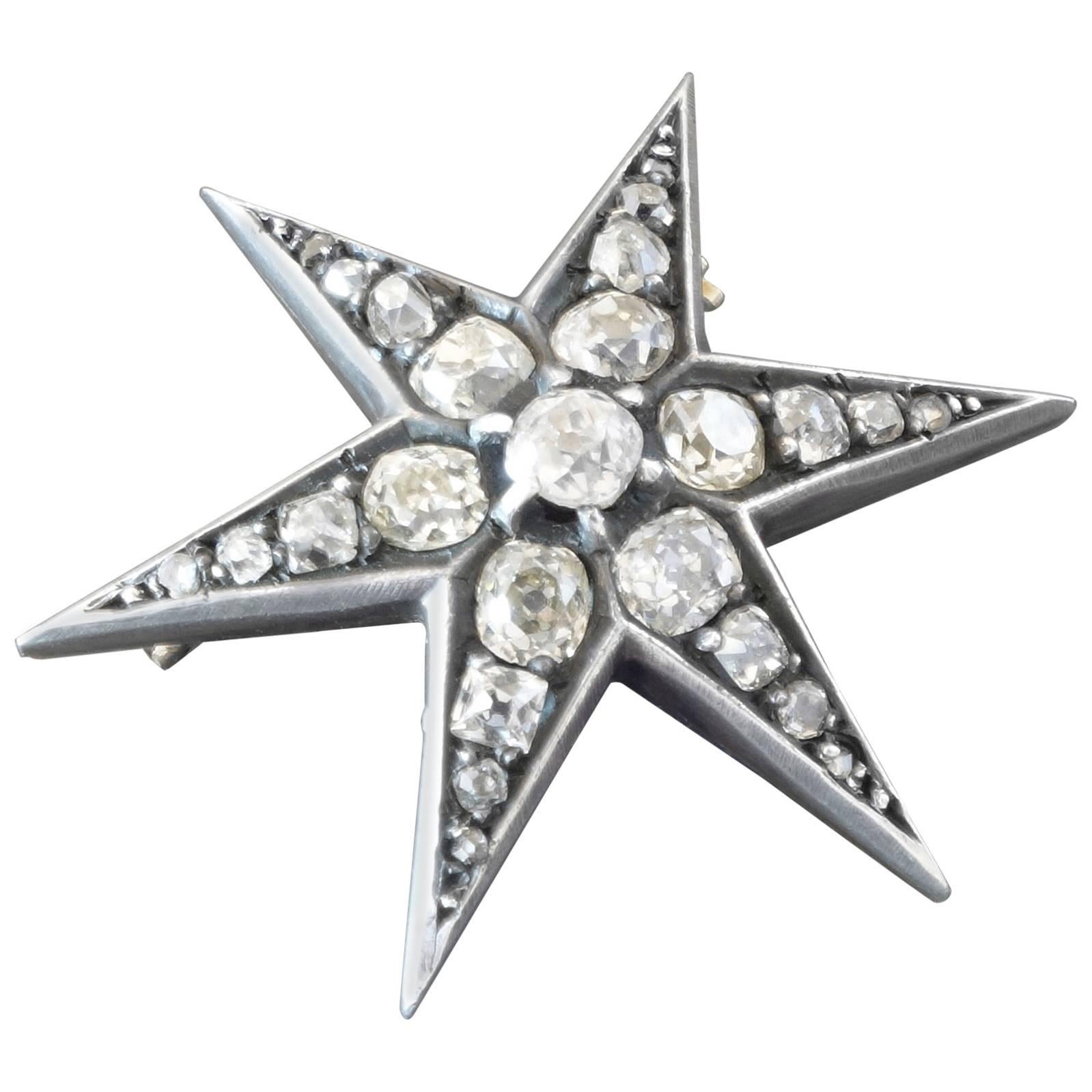 Antique French Old-Cut Diamond Silver on Gold Star Brooch