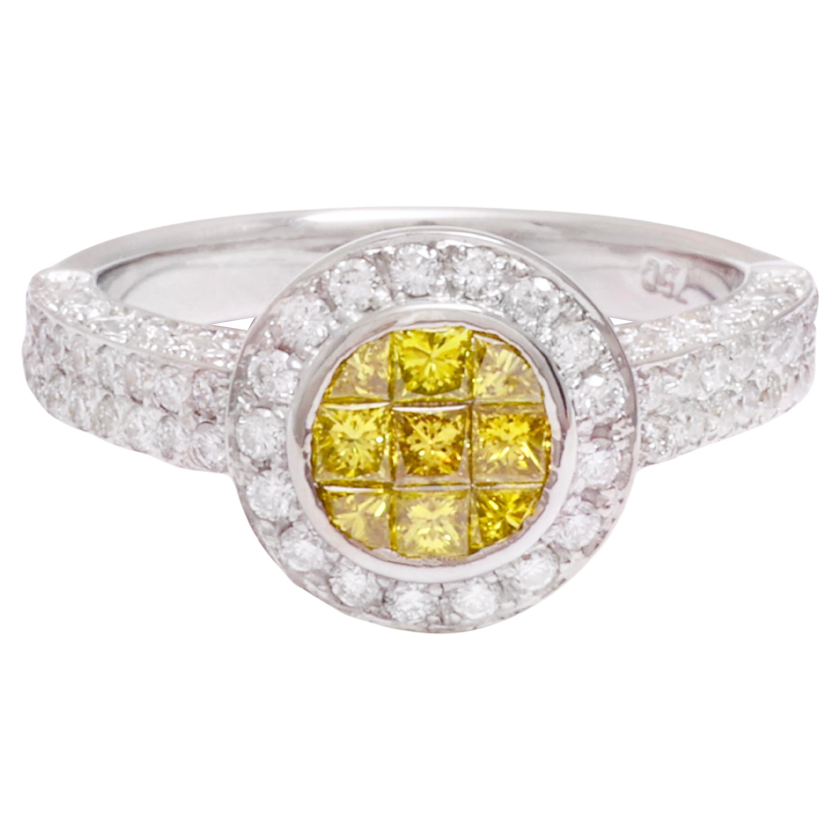 18 kt. Weißgold-Ring  1,7 ct. Unsichtbare Prinzessin Fancy Gelbe & Weiße Diamanten im Angebot