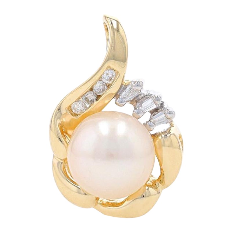 Yellow Gold Cultured Pearl & Diamond Pendant - 14k Floral