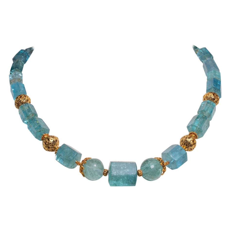 Aquamarine and 18K Gold Beaded Necklace by Deborah Lockhart Phillips For Sale
