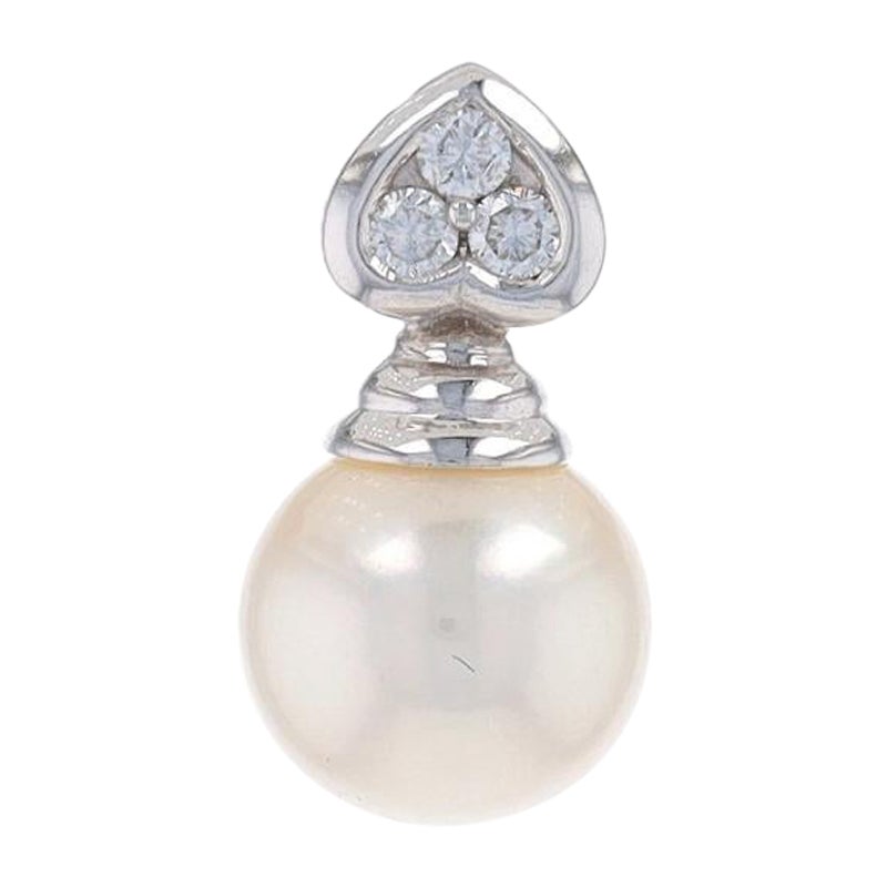 White Gold Cultured Pearl & Diamond Pendant - 14k For Sale