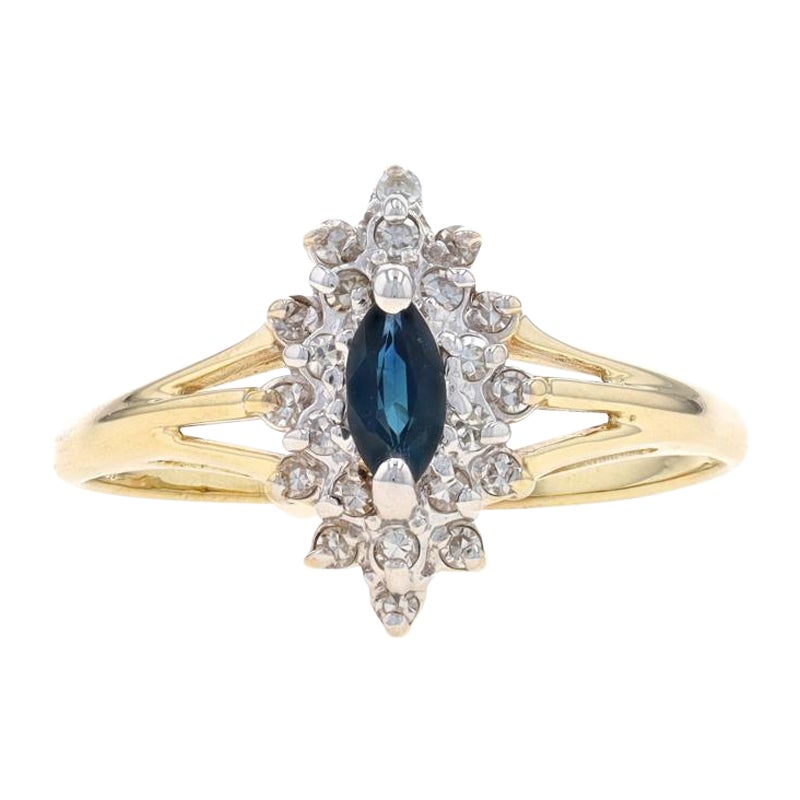 Yellow Gold Sapphire & Diamond Halo Ring - 10k Marquise .44ctw For Sale