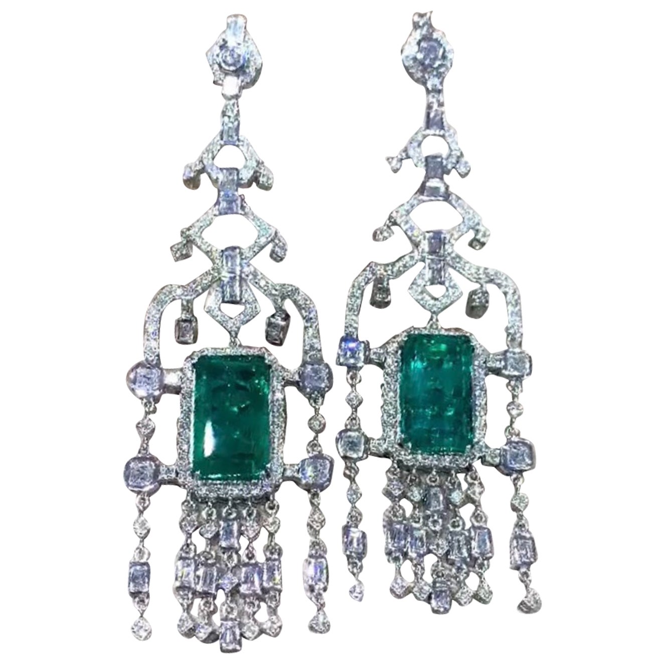 IGL Certified 28.70 Ct Natural Zambian Emeralds  8 Ct Diamonds 18K Gold Earrings For Sale