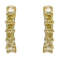 Natural Yellow Cushion Diamond .82 Carat TW Yellow Gold Drop Earrings