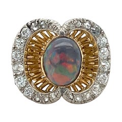 Antique Edwardian French Black Opal & Diamond 18k Yellow Gold & Platinum Ring