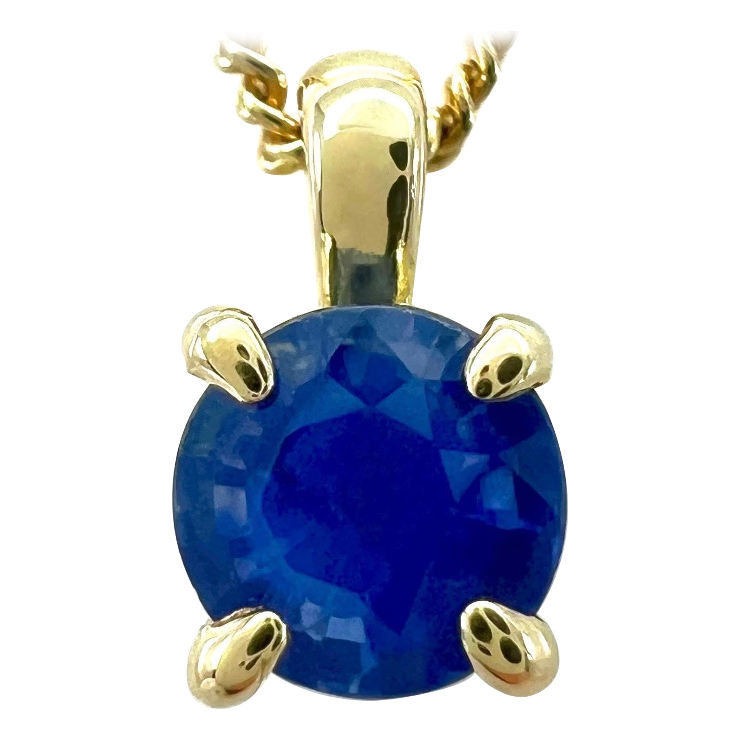 Round Cut Cornflower Blue Ceylon Sapphire 18k Gold Diamond Hidden Halo Pendant