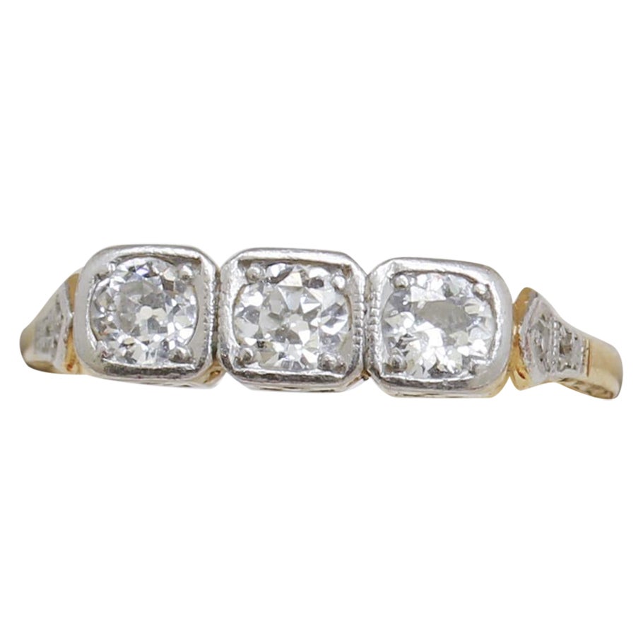 Art Deco Three Stone Diamond Engagement Ring For Sale