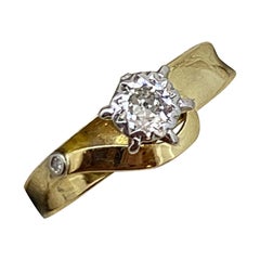 Bague solitaire rétro en or 18 carats avec diamant taille européenne ancienne de 0,30 carat et accents