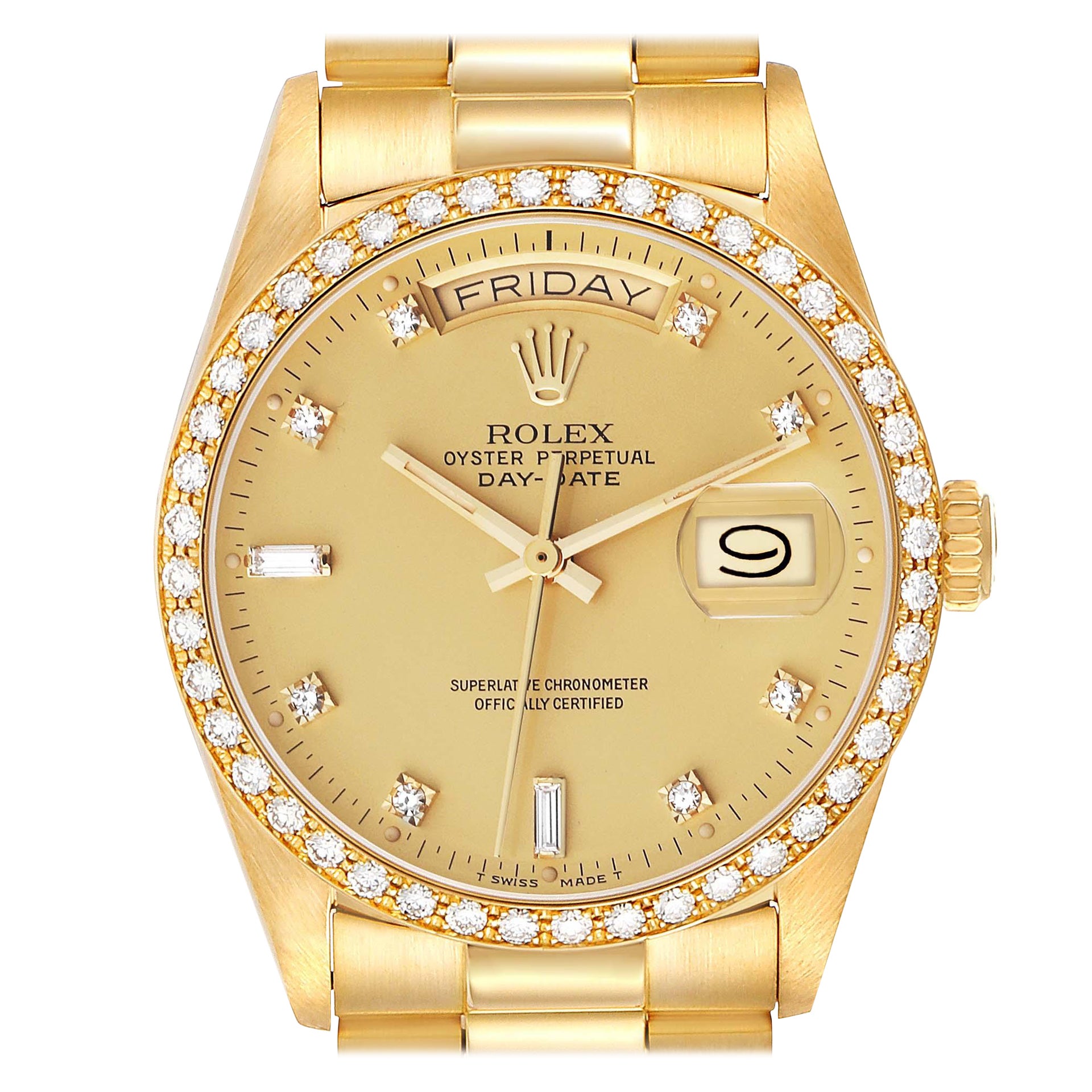 Rolex President Day-Date Yellow Gold Diamond Bezel Mens Watch 18048