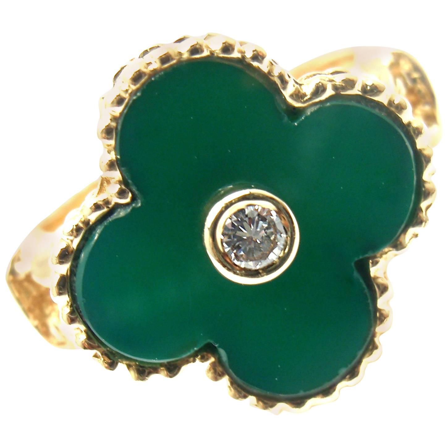 Van Cleef & Arpels Vintage Alhambra Green Chalcedony Yellow Gold Diamond Ring