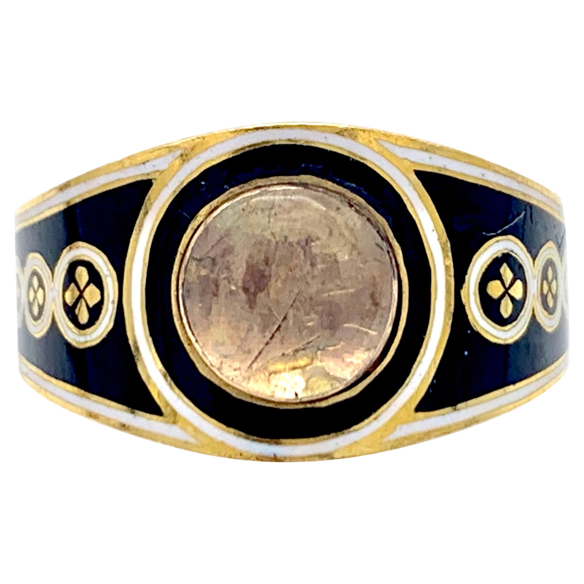 Antique George II Mourning Ring Polychrome Enamel 15 Karat old Dated 1800 For Sale