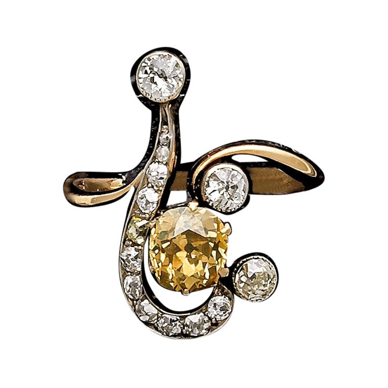 Antique Art Nouveau 14 K Gold Ring Natural Brown Diamond 0.7 Carat Treble Clef For Sale