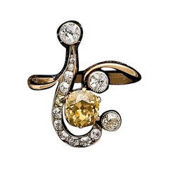 Antique Art Nouveau 14 K Gold Ring Natural Brown Diamond 0.7 Carat Treble Clef