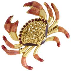 Enameled Yellow Gold Crab Brooch