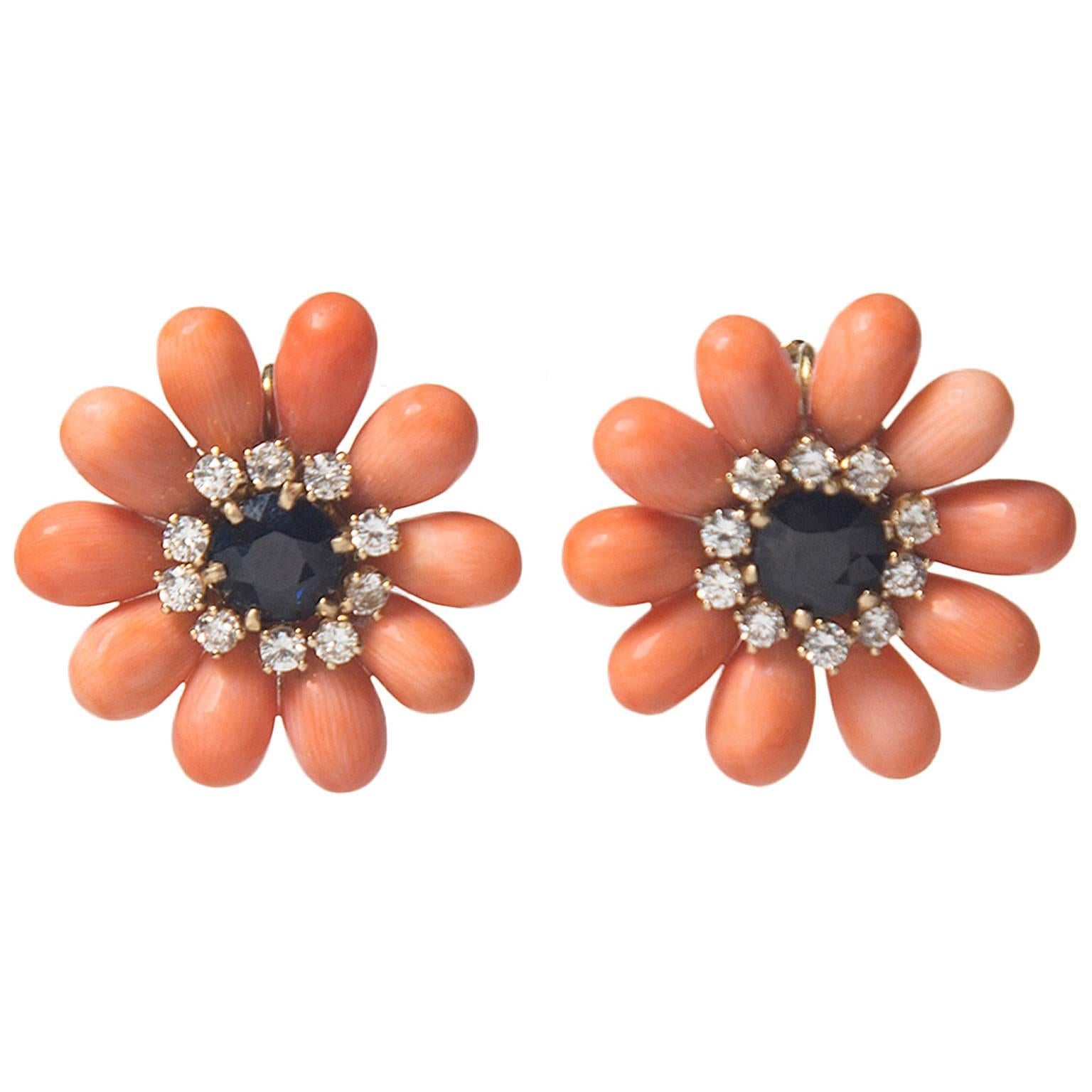 Precious Coral, Sapphire & Diamond Flower Earrings  For Sale
