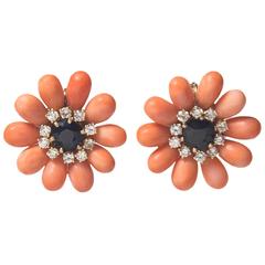 Precious Coral, Sapphire & Diamond Flower Earrings 8