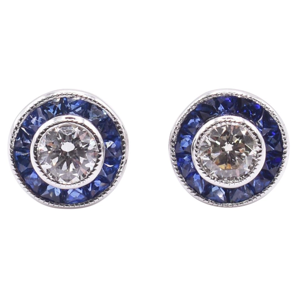 Pair of Art Deco Style 18k White Gold Diamond & Sapphire Target Earrings For Sale