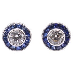 Pair of Art Deco Style 18k White Gold Diamond & Sapphire Target Earrings