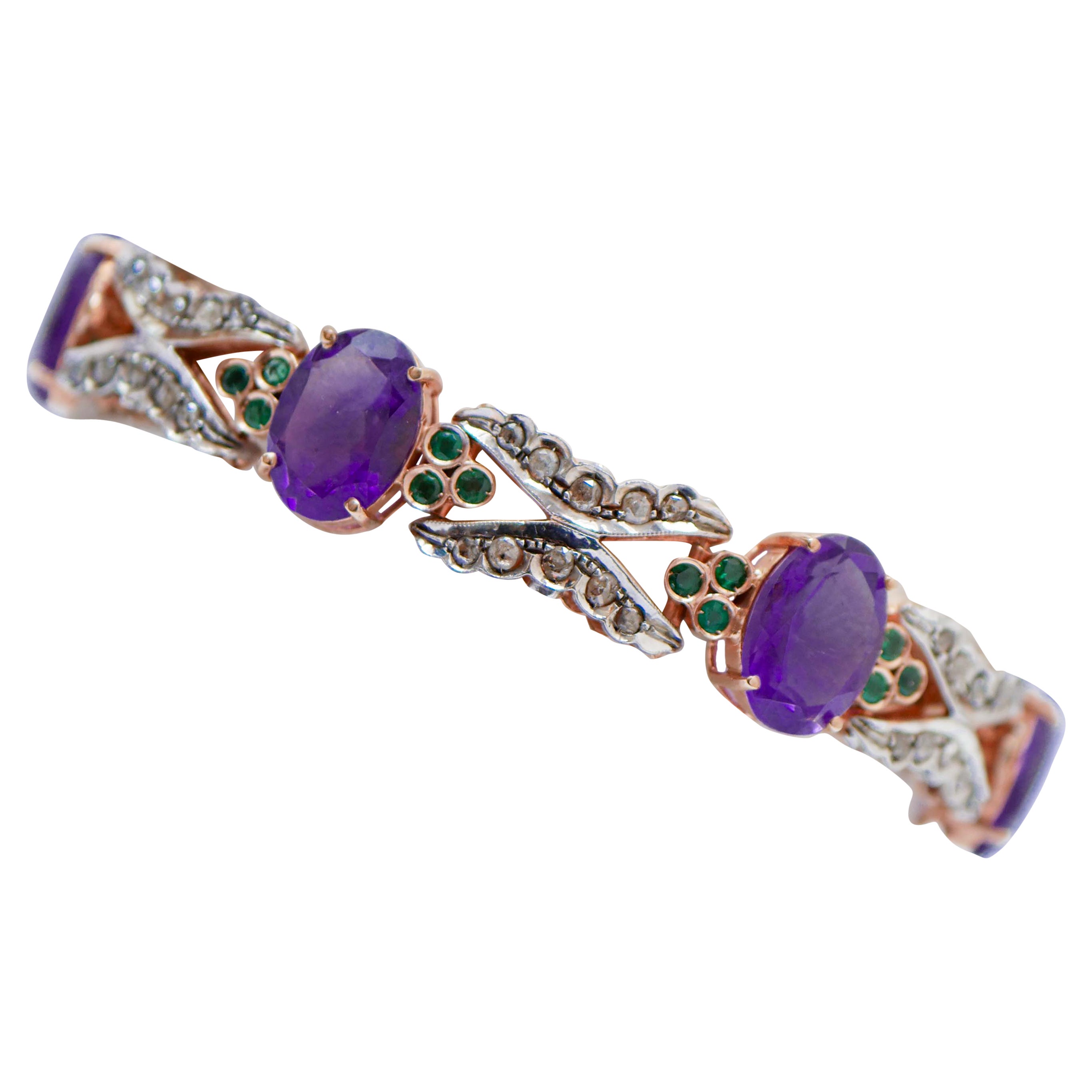 Amethysts, Emeralds, Diamonds, Rose Gold and Silver Bracelet.