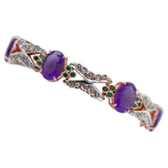 Retro Amethysts, Emeralds, Diamonds, Rose Gold and Silver Bracelet.