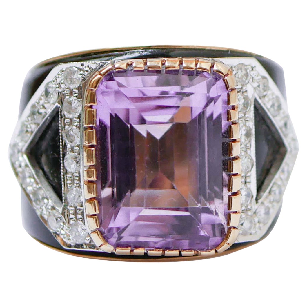 Amethyst, Onyx, Diamonds, 14 Karat Rose Gold Band Ring. For Sale