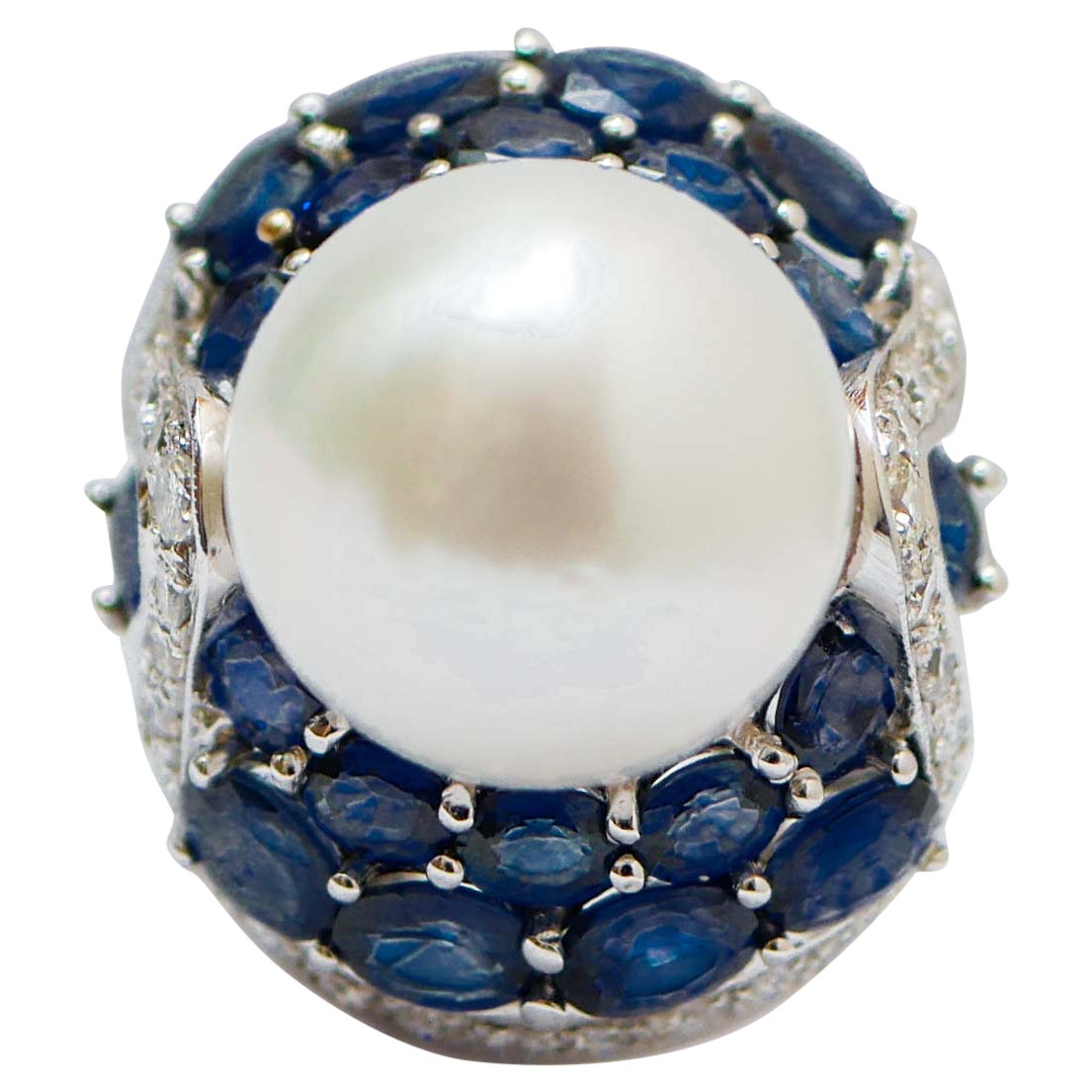 South-Sea Pearl, Sapphires, Diamonds, 14 Karat White Gold Ring. For Sale