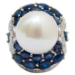 Retro South-Sea Pearl, Sapphires, Diamonds, 14 Karat White Gold Ring.