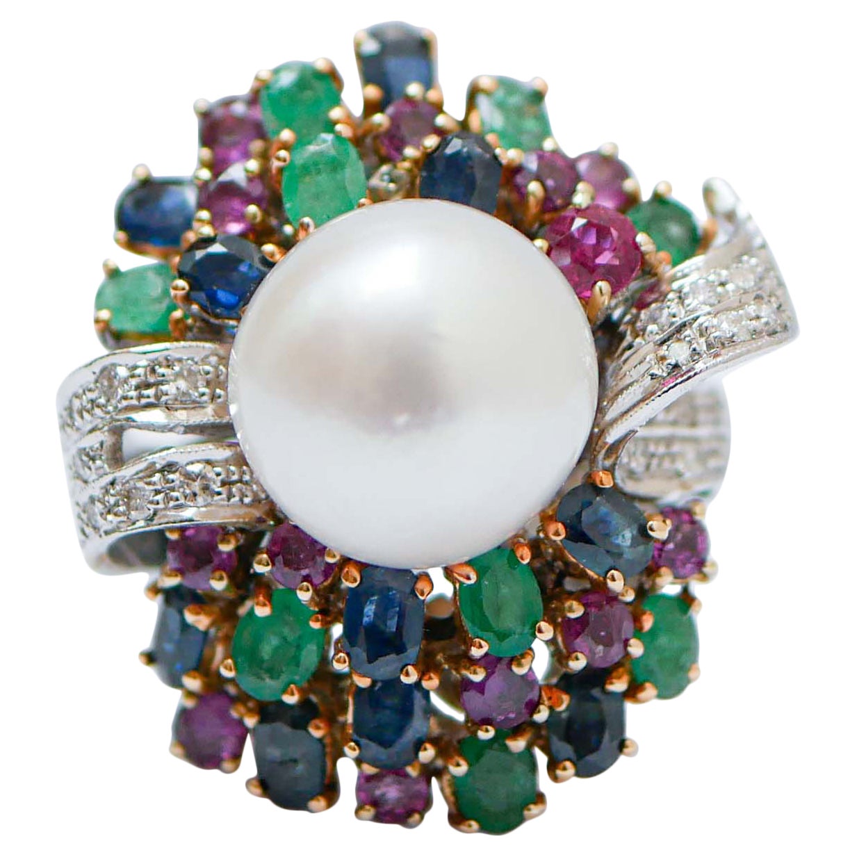 South-Sea Pearls, Emeralds, Rubies, Sapphires, Diamonds, 14 Kt White Gold Ring. For Sale