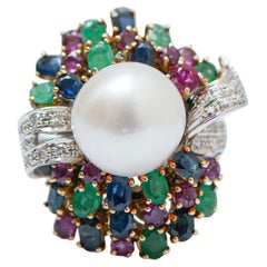 Vintage South-Sea Pearls, Emeralds, Rubies, Sapphires, Diamonds, 14 Kt White Gold Ring.