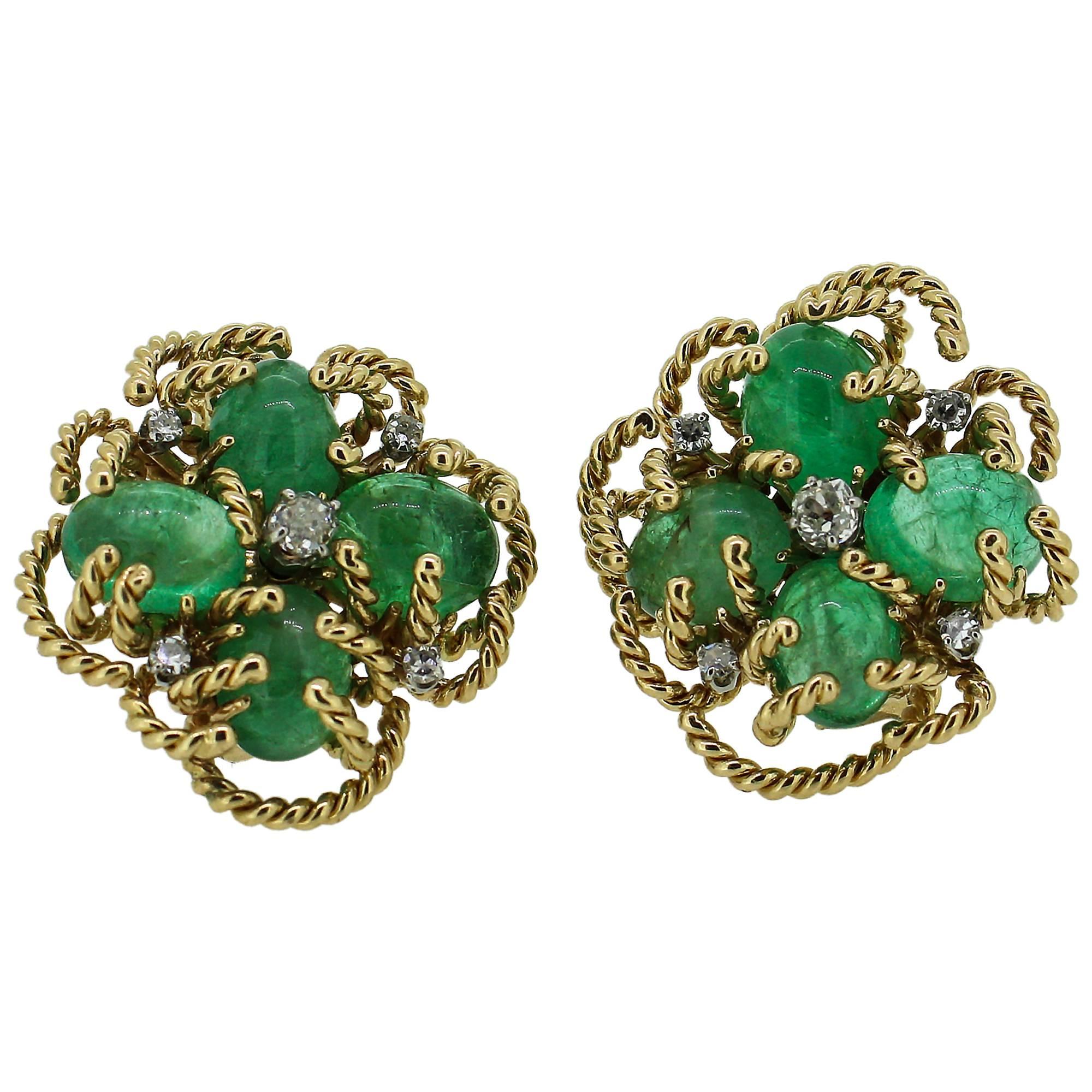 1970s Modernist Cabochon Emerald and Old Cut Diamond Clover-Motif Earrings