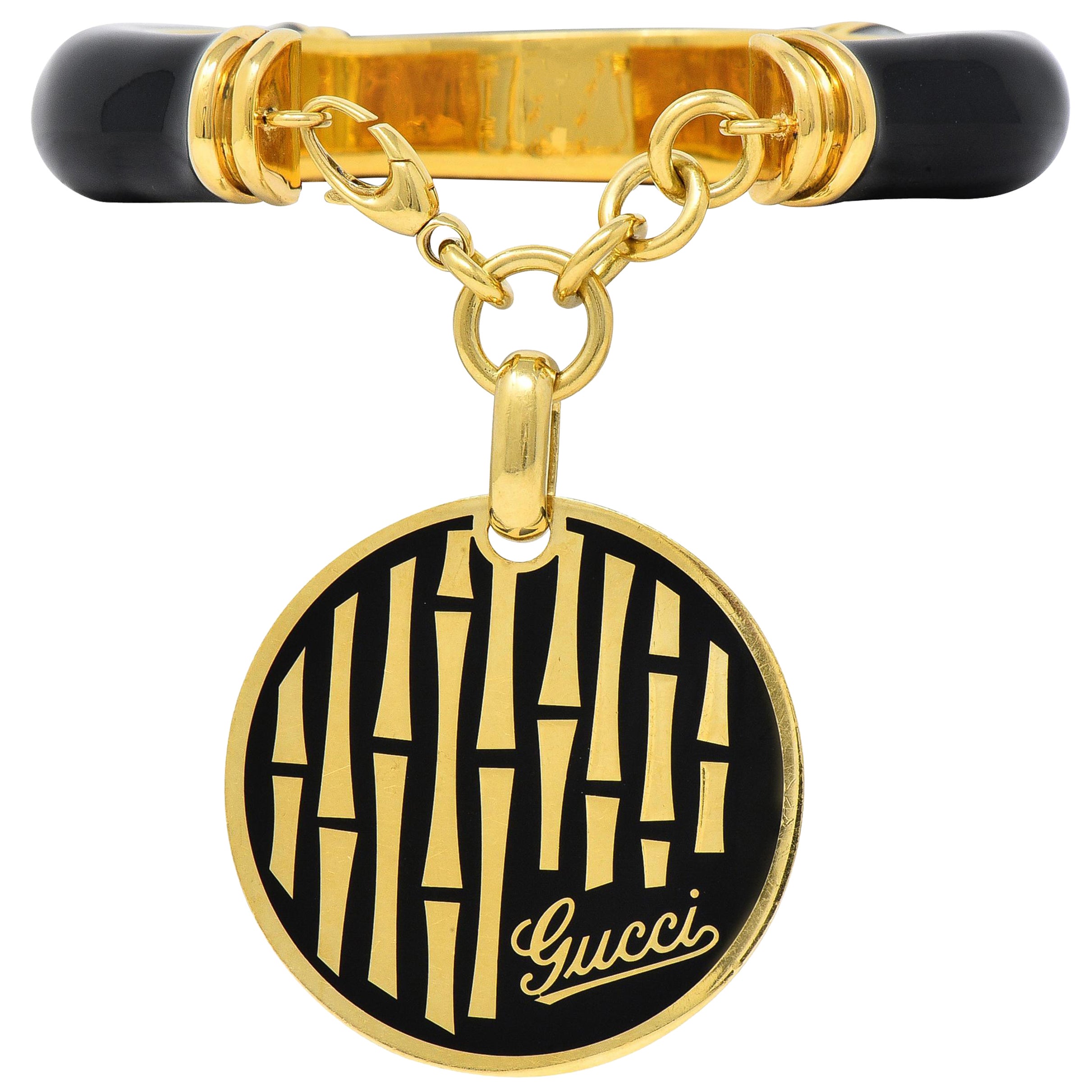 Gucci Vintage Black Enamel 18 Karat Yellow Gold Bamboo Cuff Charm Bracelet For Sale