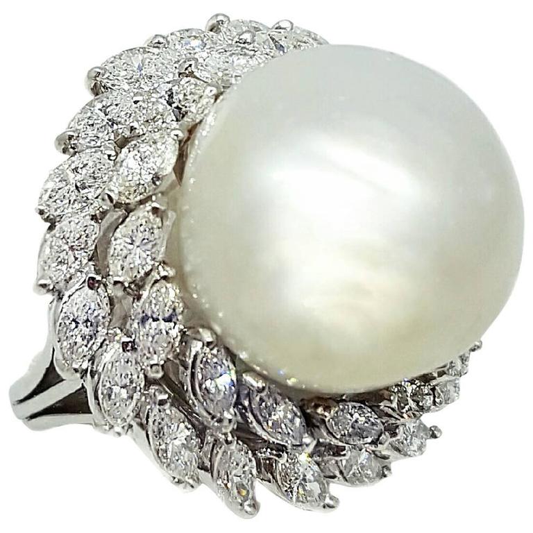 Huge 16.5mm Pearl and Diamond Platinum Statement Ring at 1stDibs