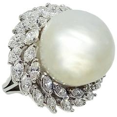 Huge 16.5mm Pearl and Diamond Platinum Statement Ring