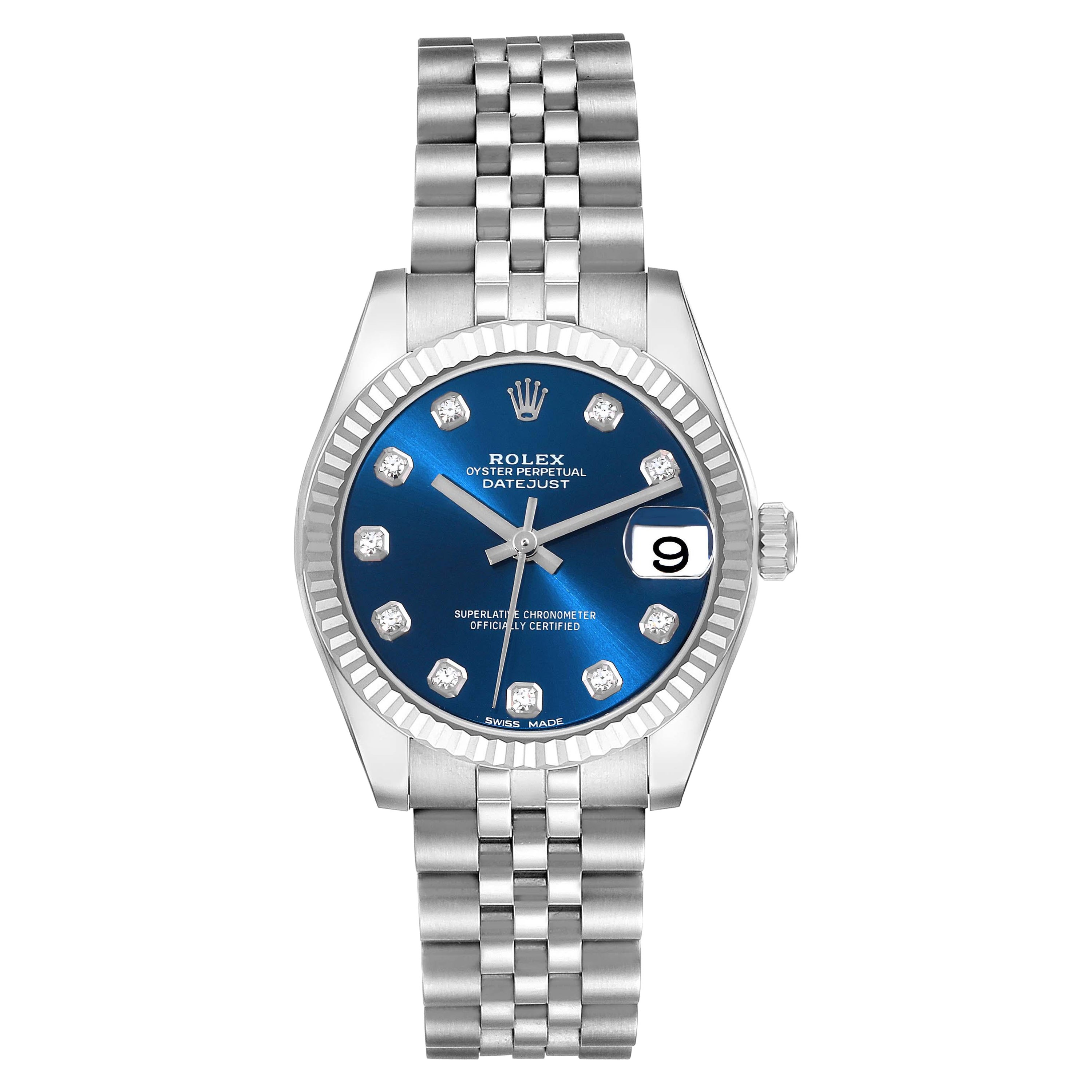Rolex Datejust Midsize Steel White Gold Blue Diamond Dial Ladies Watch 178274 For Sale