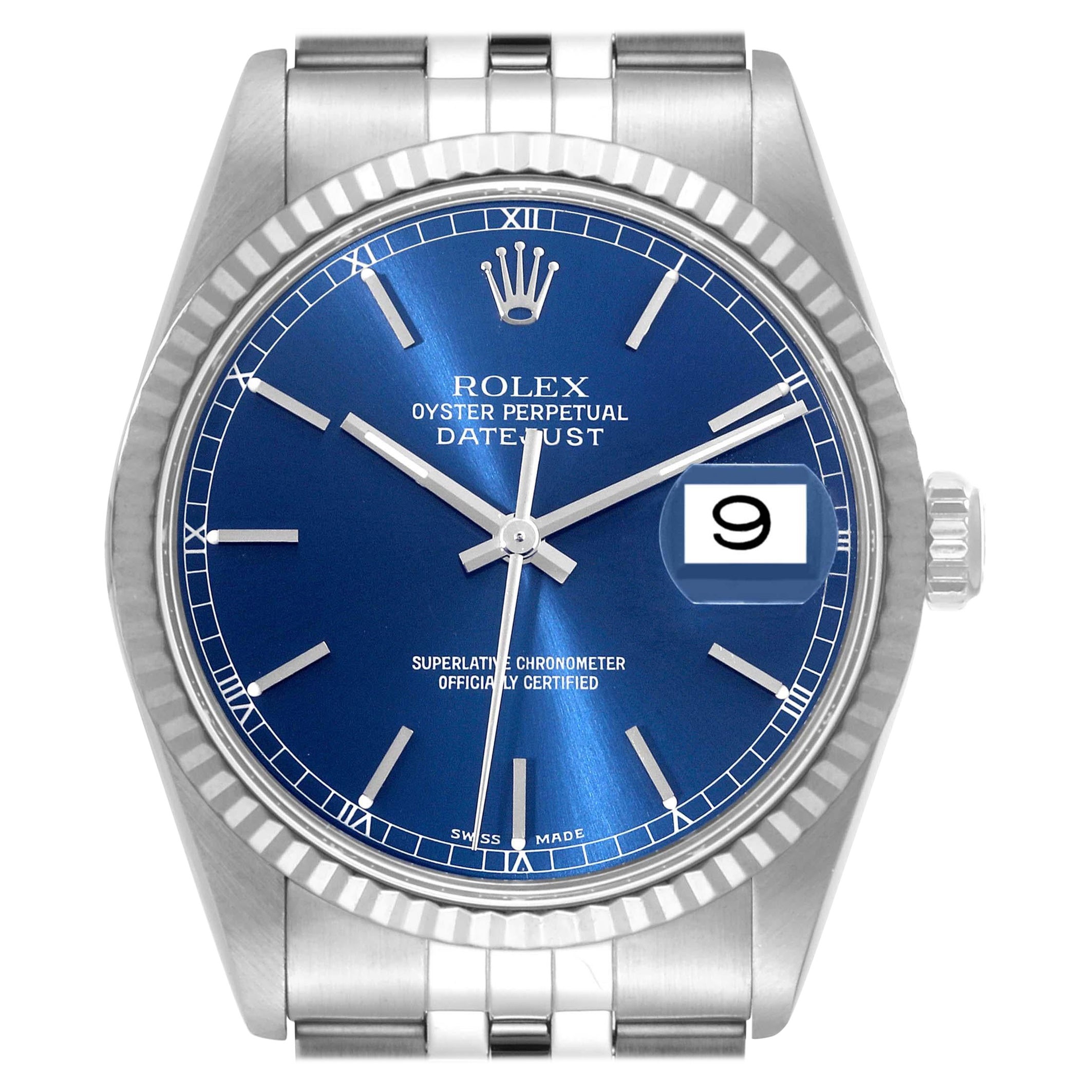 Rolex Datejust Blue Dial Steel White Gold Mens Watch 16234