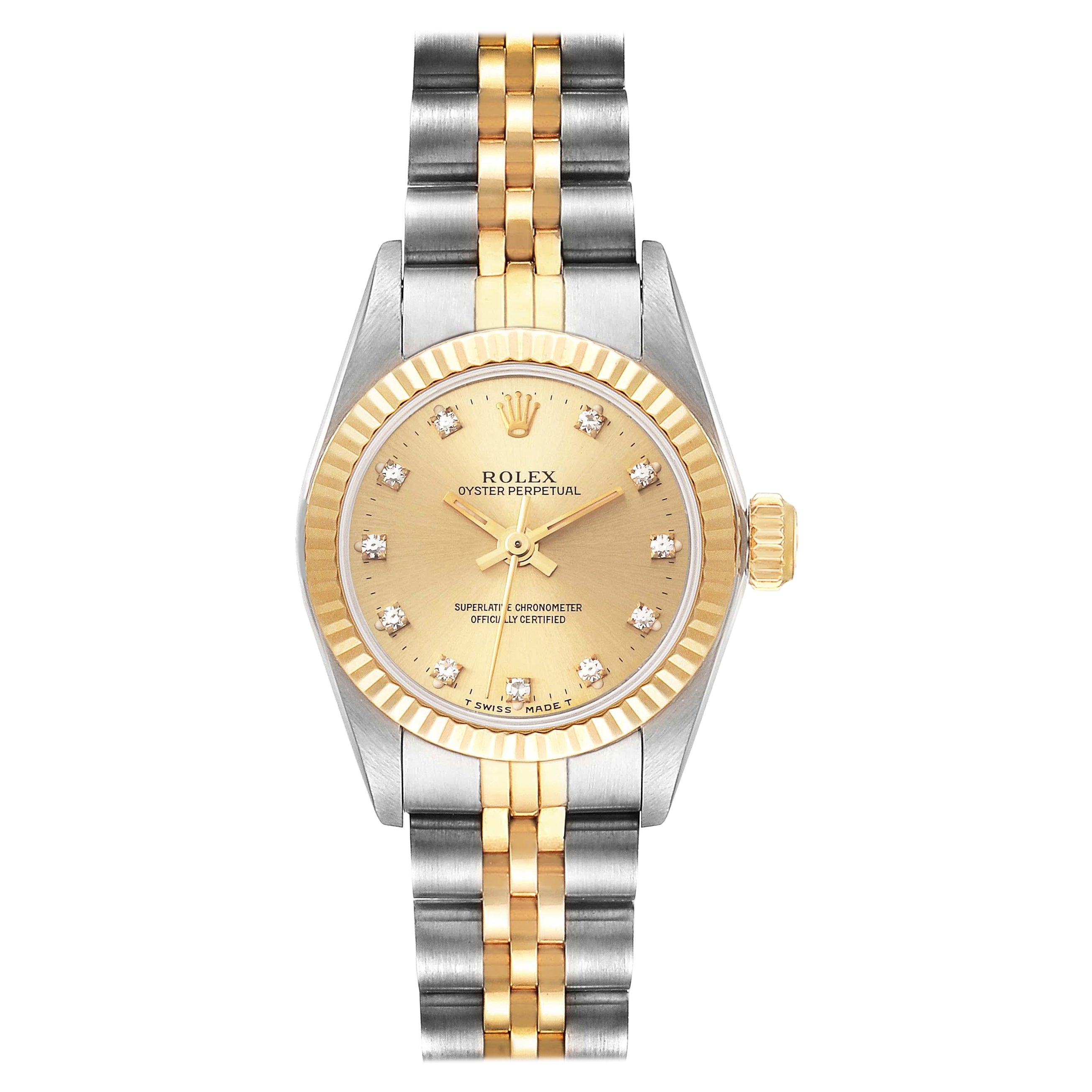 Rolex Oyster Perpetual Steel Yellow Gold Diamond Dial Ladies Watch 67193 Papers